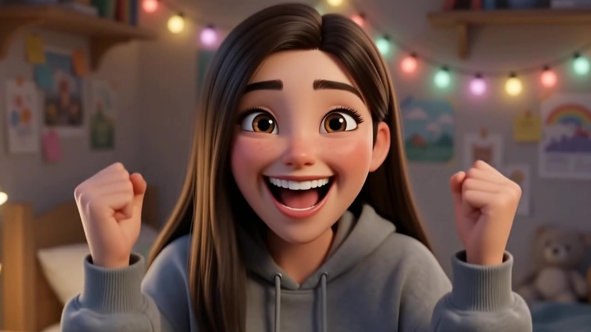 Accepted: She cheers at the acceptance text, but in the last two seconds the smile fades.