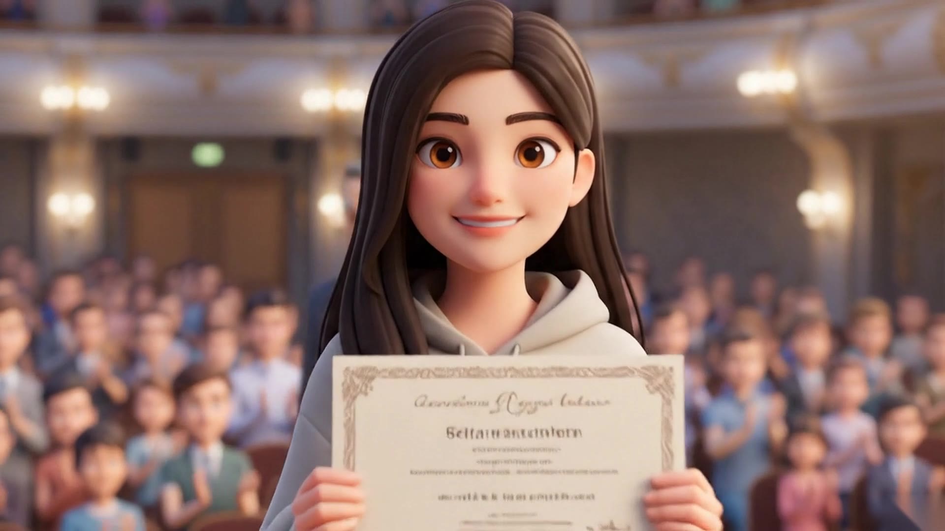 Scholarship: She receives a certificate on stage.