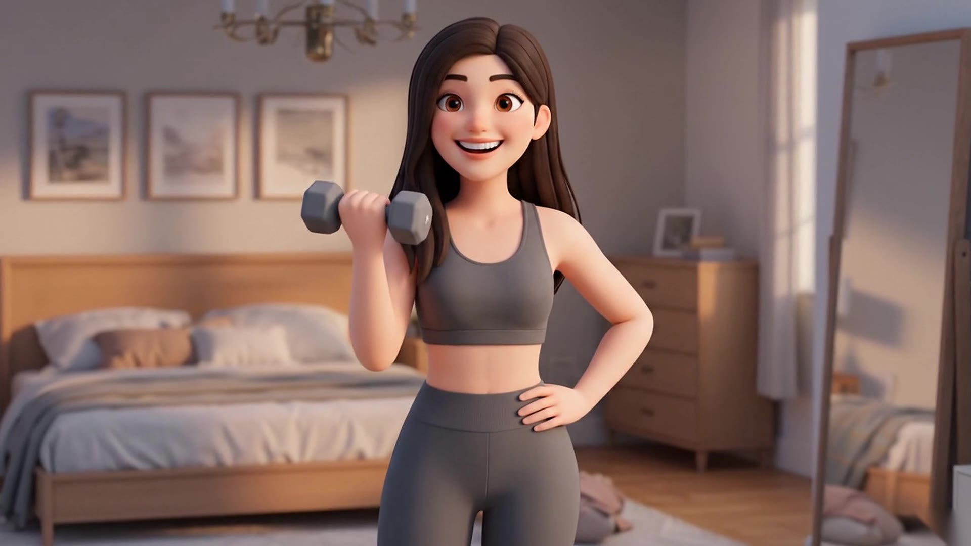 Getting fit: She sees her slimmer self in the mirror.