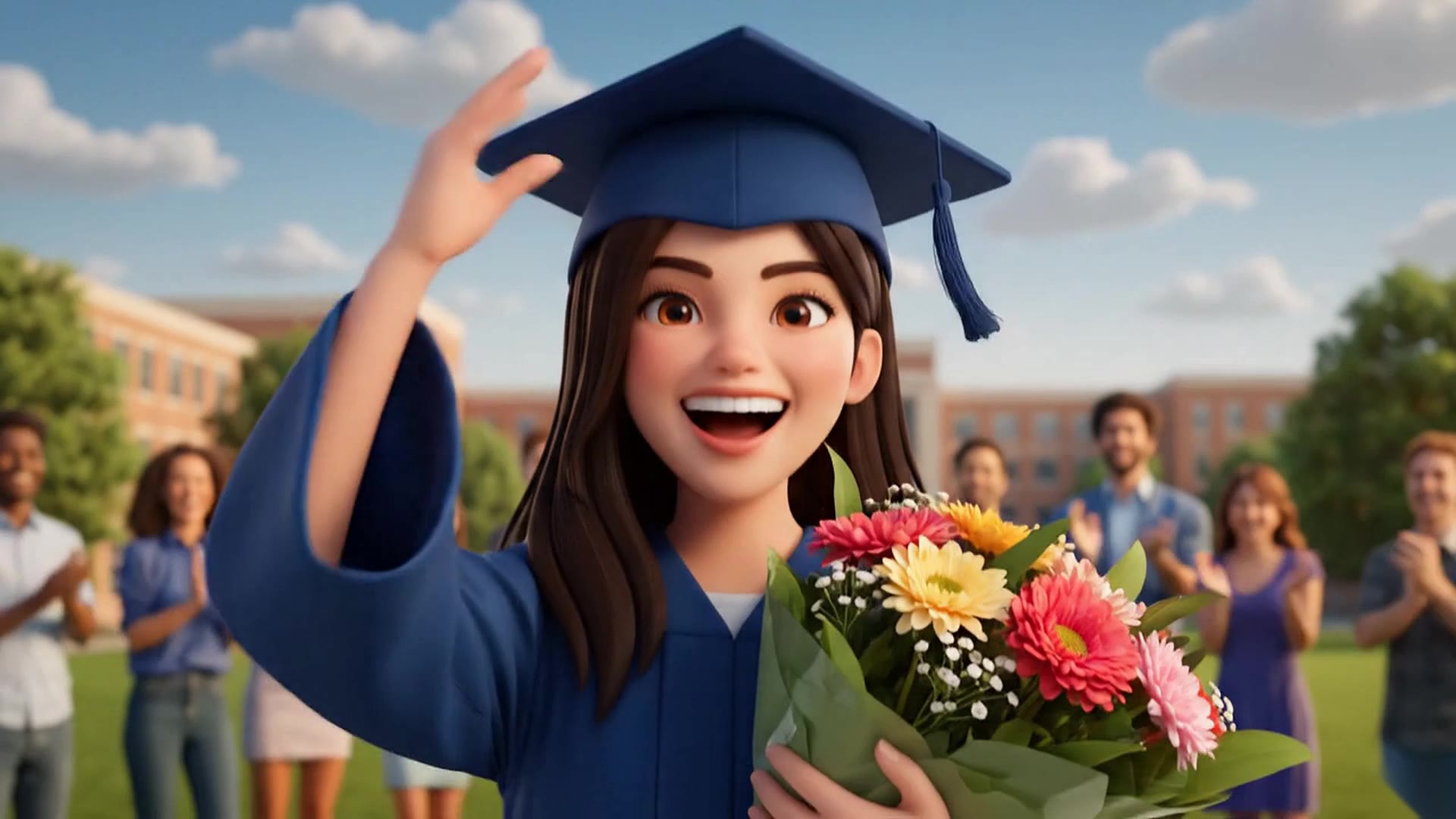 Graduation: She throws her cap and hugs a bouquet.